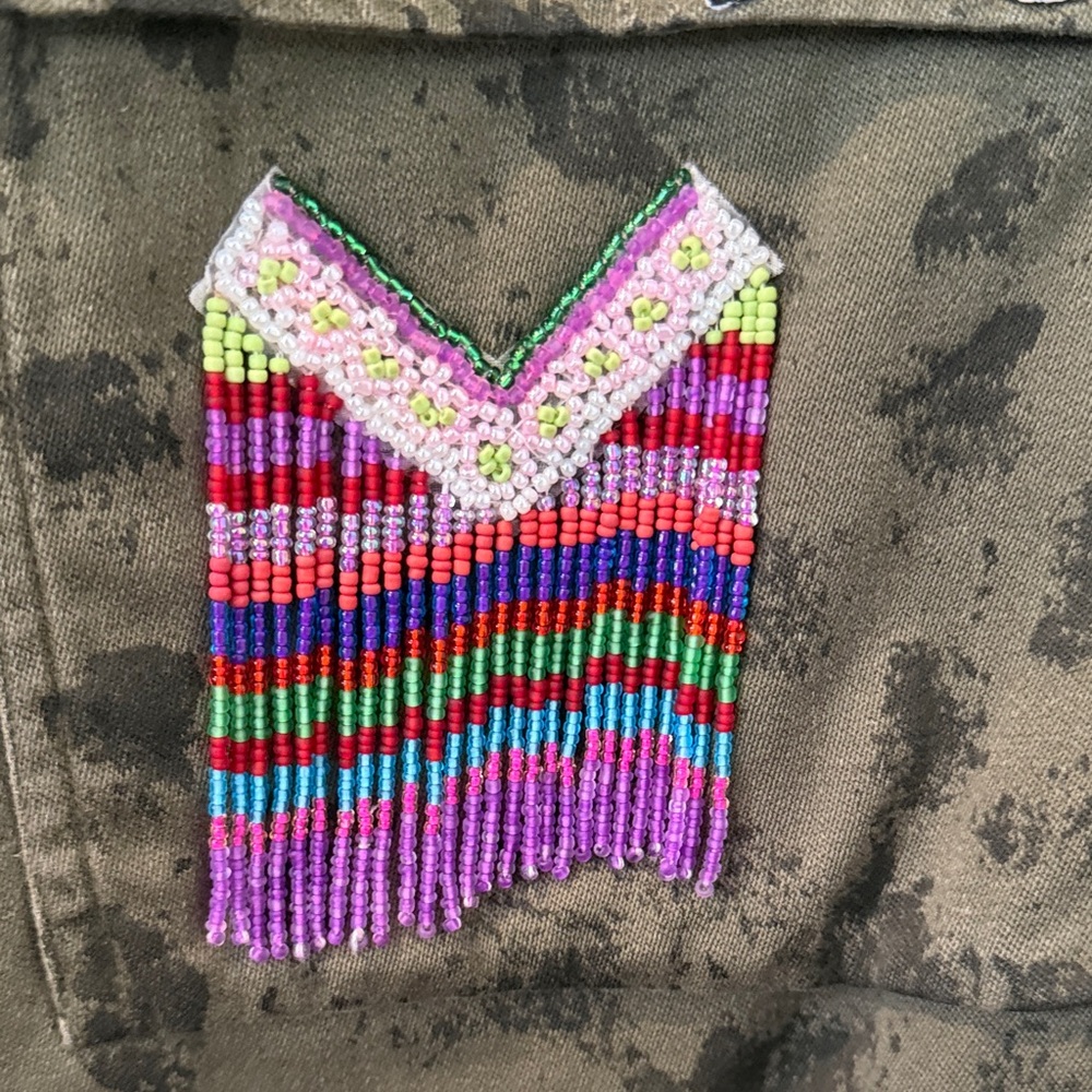 LIBERTINE Olive Green Patchwork Jacket with Colorful Embroidered Patches - Picture 3 of 8